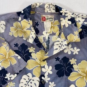 Hilo Hattie Mens Large Blue Yellow Hibiscus Floral Cotton Aloha Hawaiian Shirt